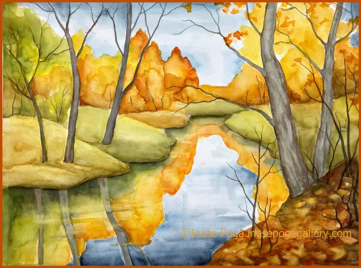 Fall creek watercolor painting for sale