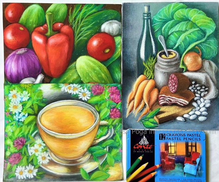 Still life paintings of food and vegetables