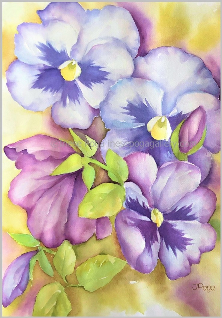 Summer pansies in purple, watercolor painting for sale