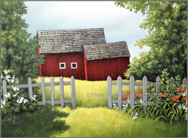 Summer barn, acrylic painting
