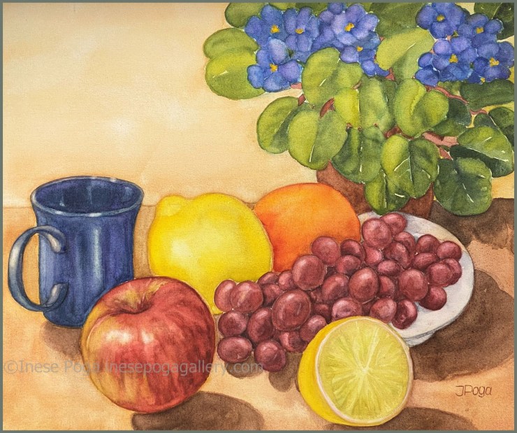 Still life with fruit and African violet