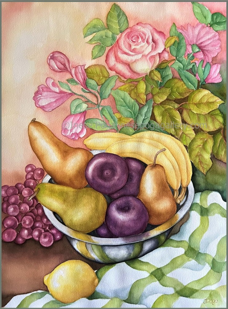 Still life with fruit and flowers, very large watercolor painting for sale