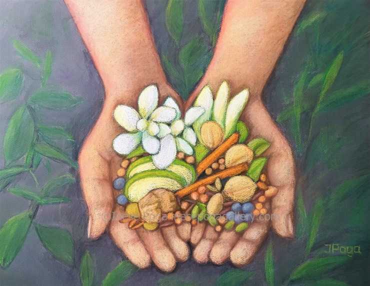 Large pastel painting, nature painting, giving hands