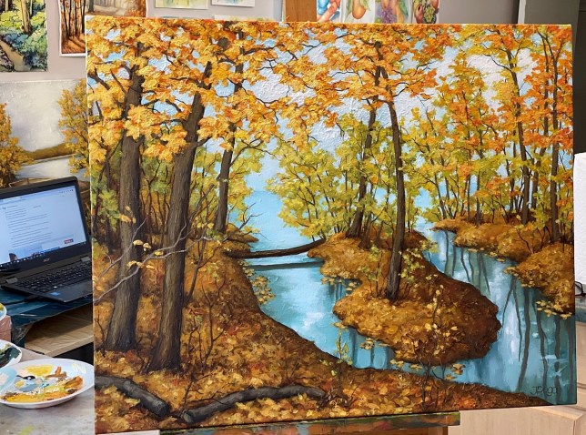 Fall landscape painting, large acrylic nature painting