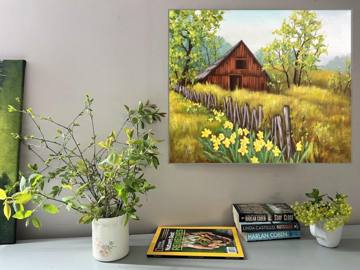 Old weathered spring barn painting on studio wall