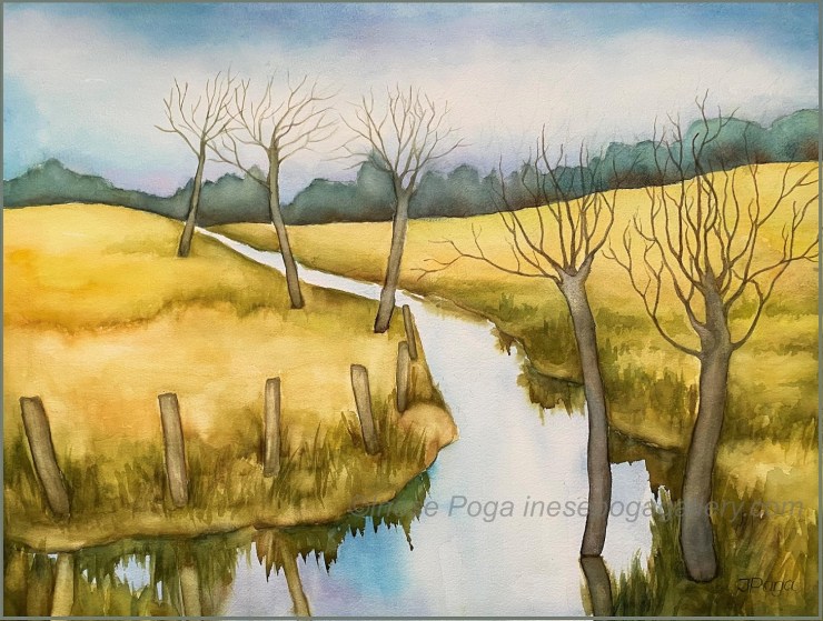 Watercolor landscape, Spring flood waters