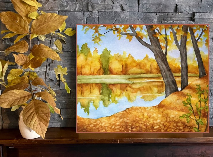 Golden fall reflection, watercolor painting for sale