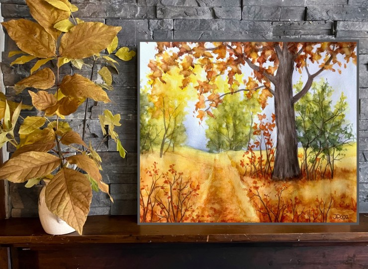Fall path, watercolor painting for sale