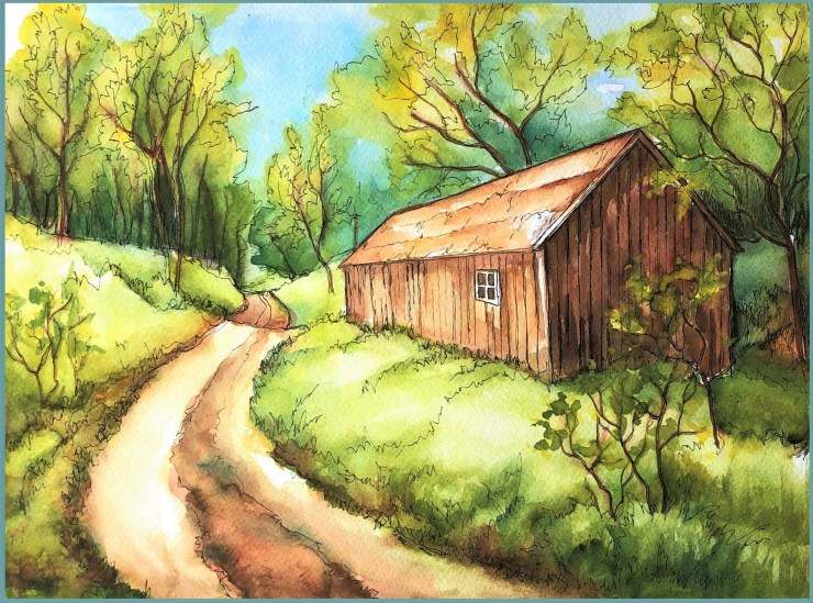 Ink and watercolor landscape