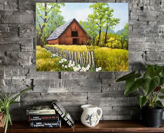 Country barn painting on studio wall