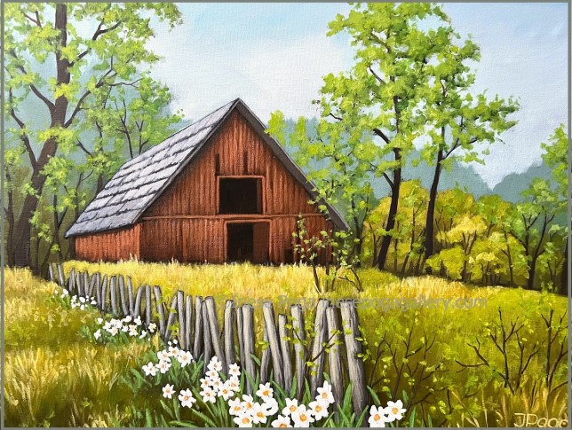 Country barn in spring landscape