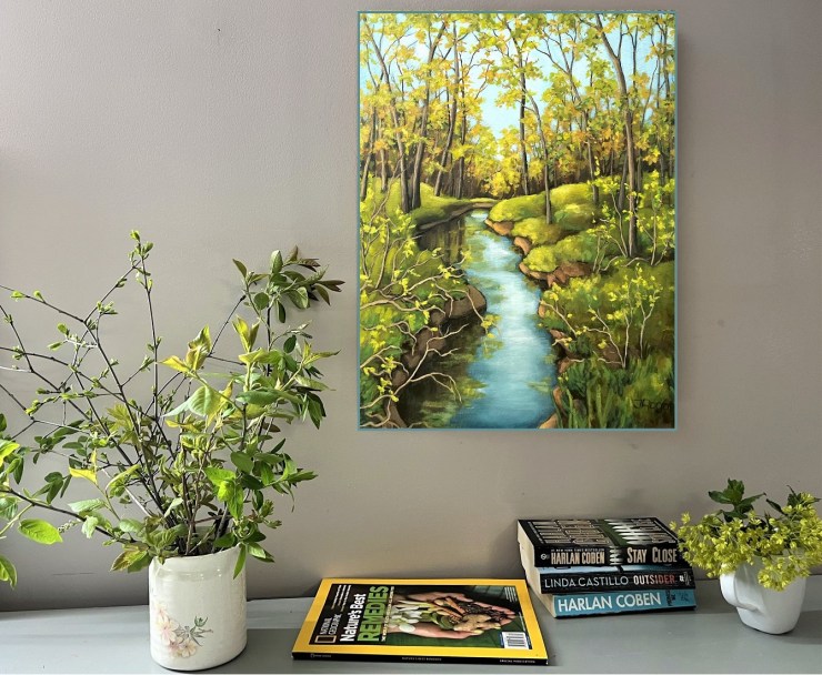 Spring landscape painting on studio wall