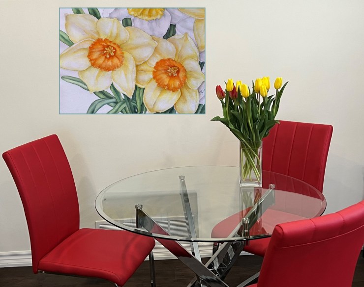 Yellow and white daffodils, framed watercolor painting