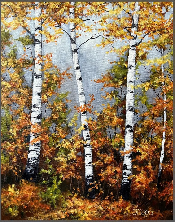Birch forest landscape, acrylic painting